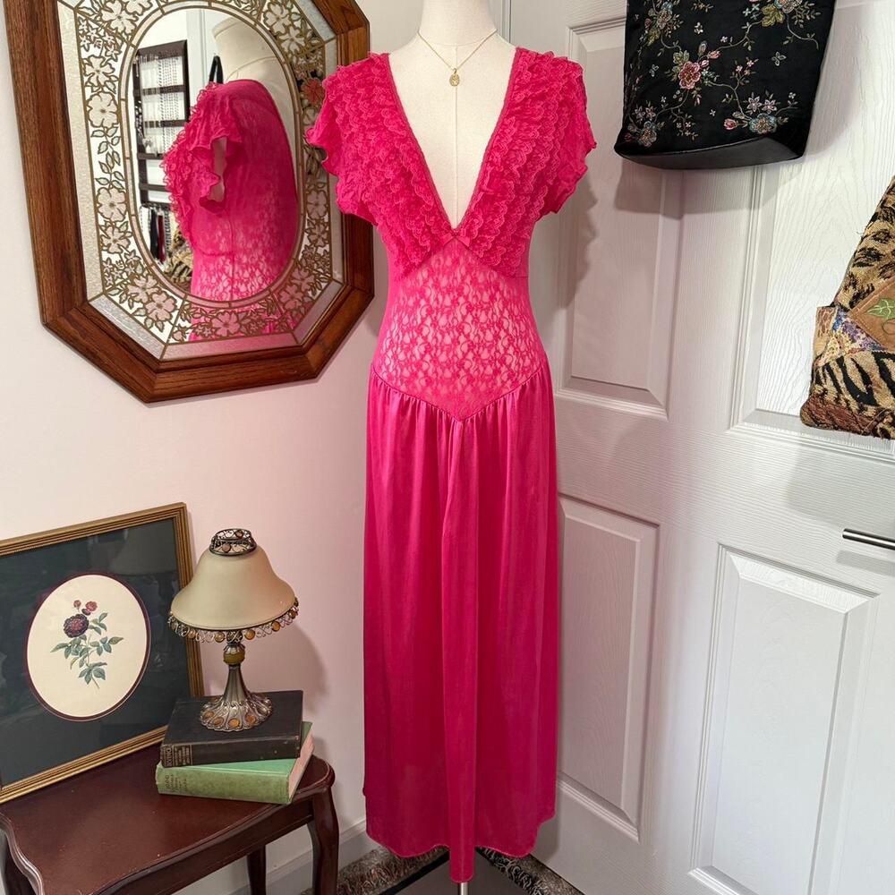 VTG 80s Hot Pink Nylon Stretchy Sheer Floral Ruffle Lace Plunge Midi Slip Dress